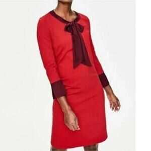 Boden $158 Size 10 Red Burgundy Josie Ponte Tie-Neck 3/4 Sleeve Stretch Dress